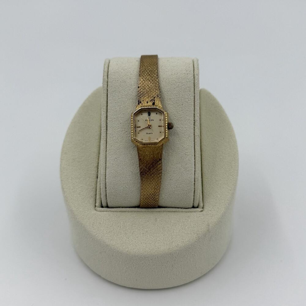 Vintage Elgin Quartz Gold Tone Mesh Band Watch Octagon Case‎ 15.3mm Works